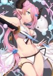  1girl animal_request bad_id bad_pixiv_id bare_shoulders bikini black_bikini blue_eyes blush braid breasts cleavage commentary_request draph granblue_fantasy hair_ornament hair_over_one_eye highres holding holding_weapon horns kaname_(melaninusa09) large_breasts lavender_hair long_hair narmaya_(granblue_fantasy) navel pointy_ears smile solo swimsuit two-tone_bikini weapon whale white_bikini 