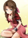  1girl aerith_gainsborough akino_shuu bangs boots braid breasts brown_footwear brown_hair cleavage closed_mouth commentary_request cropped_jacket cuffs dress eyebrows_visible_through_hair final_fantasy final_fantasy_vii green_eyes hair_ribbon jacket leaning_forward long_hair looking_at_viewer open_clothes open_jacket parted_bangs pink_dress pink_ribbon red_jacket ribbon ringlets short_sleeves sidelocks sitting small_breasts solo twitter_username very_long_hair wavy_mouth yokozuwari 