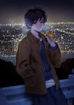  1boy black_eyes black_hair brown_jacket can cowboy_shot hand_in_pocket highres holding holding_can jacket leaning long_sleeves male_focus nashigaya_koyomi night original outdoors parted_lips ribbed_jacket short_hair smile solo 