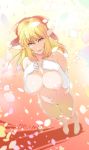  1girl barefoot blonde_hair blue_eyes breasts cleavage commentary_request elbow_gloves elf gloves groin hair_ribbon highres hisahiko long_hair looking_at_viewer navel nipples nude open_mouth original pointy_ears ponytail ribbon solo teeth white_gloves 