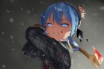  1girl axe beret blood blood_on_face bloody_axe bloody_clothes bloody_weapon blue_eyes blue_hair commentary grey_background hat highres hololive hoshimachi_suisei nem_rui plaid project_winter snow solo suisei_channel upper_body virtual_youtuber weapon 