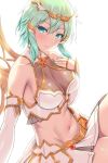  1girl absurdres armpits bangs bare_shoulders blush breasts circlet cleavage collarbone cowboy_shot detached_sleeves eyebrows_visible_through_hair fanbox_reward green_eyes green_hair green_nails groin hair_between_eyes hair_ornament hand_on_own_chest highres kawase_seiki legs_up looking_at_viewer medium_breasts midriff nail_polish navel paid_reward parted_lips see-through shirt short_hair short_hair_with_long_locks sideboob sidelocks simple_background sinon sitting skirt smile solo sword_art_online sword_art_online:_memory_defrag white_background white_shirt white_skirt white_sleeves wings 