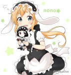  1girl animal_ears apron bangs black_hairband black_skirt blonde_hair blush bunny_ears character_name commentary_request company_connection cosplay doll eyebrows_visible_through_hair fake_animal_ears fleur_de_lapin_uniform flying_sweatdrops frilled_apron frilled_hairband frilled_skirt frills gochuumon_wa_usagi_desu_ka? green_eyes hairband holding holding_doll holding_tray long_hair low_ponytail manga_time_kirara miicha mole mole_under_eye natsume_nono open_mouth ponytail puffy_short_sleeves puffy_sleeves shirt short_eyebrows short_sleeves simple_background skirt solo thick_eyebrows tray twitter_username urara_meirochou very_long_hair waist_apron wavy_mouth white_apron white_background white_shirt wrist_cuffs 