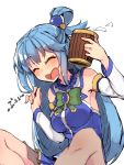  1girl ahoge aqua_(konosuba) aqua_hair beer_mug blush bow bowtie breasts closed_eyes detached_sleeves dress drunk eyebrows_visible_through_hair foam green_neckwear hair_bobbles hair_ornament hair_rings highres kono_subarashii_sekai_ni_shukufuku_wo! large_breasts long_hair sitting solo thomas_(aoakumasan) 