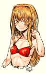  1girl bare_arms bare_shoulders blonde_hair blush covered_nipples cropped_torso dated eyebrows_visible_through_hair flat_chest hair_intakes halterneck hand_up highres kotoba_noriaki long_hair original signature simple_background skinny smile solo white_background yellow_eyes 