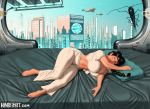  1girl 2boys absurdres axiaterraartunion bed black_hair braided_ponytail breasts building city city_lights cityscape cleavage evening gigantic_breasts highres hindsart lying multiple_boys on_side original scenery science_fiction sky skyline skyscraper 