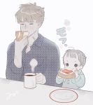  1boy 1girl age_difference ahoge black_eyes blush bread breakfast brown_hair child closed_eyes coffee coffee_mug cup eating food grey_hair highres holding holding_cup holding_food injury jam mug nnmnnji open_eyes original pajamas plate scar signature steam table 