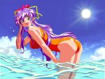  1990s_(style) 1girl artist_request ass bent_over dancing_blade day dripping hand_on_own_thigh hand_to_head long_hair momohime_(dancing_blade) official_art one-piece_swimsuit open_mouth orange_swimsuit outdoors purple_eyes purple_hair solo sun swimsuit wading water wet 
