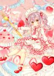 1girl :q apron ascot blush bobby_socks bow brown_eyes cake candy chef_hat cherry commentary cupcake double-breasted feet_out_of_frame food fork frilled_apron frills fruit hair_between_eyes hair_ribbon hat head_tilt heart heart_lollipop highres holding holding_fork in_food lollipop long_hair long_sleeves looking_at_viewer macaron marker_(medium) minigirl multi-tied_hair original outstretched_arm petticoat plaid plaid_neckwear plaid_skirt purple_hair puu_(kari---ume) red_footwear red_neckwear red_ribbon red_skirt ribbon shirt shoe_bow shoes sitting skirt socks solo star strawberry sweets swirl_lollipop symbol_commentary tongue tongue_out traditional_media twintails white_headwear white_legwear white_shirt 