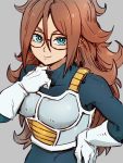  1girl android_21 blue_eyes closed_mouth cosplay dragon_ball dragon_ball_fighterz earrings glasses gloves grey_background hair_between_eyes hand_on_hip hoop_earrings jewelry kemachiku looking_at_viewer red_hair simple_background smile solo vegeta vegeta_(cosplay) white_gloves 
