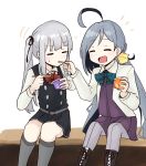  2girls ahoge aqua_neckwear bangs black_dress blush boots closed_eyes commentary cross-laced_footwear dress eating eyebrows_visible_through_hair feeding food grey_hair hair_ribbon holding holding_food holding_spoon jacket kantai_collection kasumi_(kantai_collection) kiyoshimo_(kantai_collection) lace-up_boots long_hair long_sleeves multicolored_hair multiple_girls open_mouth pinafore_dress ponytail purple_dress remodel_(kantai_collection) ribbon shirt side_ponytail simple_background sitting spica1476 spoon sweat symbol_commentary two-tone_hair white_background white_jacket white_shirt 