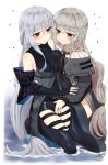  2girls arknights ascot between_legs black_dress black_gloves black_nails black_neckwear black_pants blush breast_press breasts chain_necklace dress elbow_gloves eyebrows_visible_through_hair gloves groping hair_between_eyes hand_between_legs highres jsscj long_hair long_sleeves low-tied_long_hair medium_breasts multiple_girls nail_polish nun pants parted_lips red_eyes red_nails ribbed_dress signature silver_hair simple_background sitting sitting_on_lap sitting_on_person skadi_(arknights) smile specter_(arknights) suggestive_fluid thigh_cutout thigh_strap very_long_hair wading water white_background yuri 