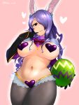  1girl absurdres animal_ears black_gloves blade_ride breasts bunny_ears camilla_(fire_emblem) closed_mouth easter_egg egg fake_animal_ears fire_emblem fire_emblem_fates gloves hair_over_one_eye heart_pasties highres holding large_breasts long_hair navel panties pasties pink_background purple_eyes purple_hair reverse_bunnysuit reverse_outfit simple_background smile solo twitter_username underwear 