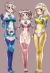  3girls andou_kuriyo bare_shoulders blonde_hair blush bodysuit breasts brown_hair green_eyes highres hinoki_(neko_irazu) itaba_yumi large_breasts leotard long_hair looking_at_viewer medium_breasts multiple_girls navel navel_cutout red_eyes senki_zesshou_symphogear shiny shiny_hair shiny_skin short_hair simple_background standing terashima_shiori thighhighs 