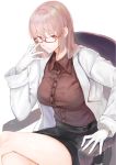  1girl adjusting_eyewear bespectacled breasts closed_mouth crossed_legs fate/grand_order fate_(series) florence_nightingale_(fate/grand_order) glasses gloves harutask highres labcoat large_breasts looking_at_viewer pink_hair red-framed_eyewear red_eyes semi-rimless_eyewear solo under-rim_eyewear white_gloves 