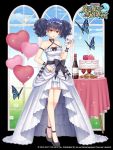  1girl arm_strap balloon black_hair bottle bug butterfly cake character_request copyright_name cup dress drinking_glass eyebrows_visible_through_hair flower food hair_between_eyes hair_flower hair_ornament halter_dress headdress heart_balloon high_heels hitsuki_rei holding_skull insect looking_at_viewer mahou_tsukai_to_kuroneko_no_wiz open_mouth orange_eyes showgirl_skirt solo table twintails white_dress window wine_bottle wine_glass wristband 