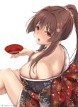  1girl breasts brown_hair cleavage collarbone cup dated drunk flower from_above hair_flower hair_ornament highres holding holding_cup japanese_clothes kantai_collection kimono large_breasts lips long_hair looking_at_viewer nipple_slip nipples off_shoulder open_clothes open_mouth ponytail red_eyes sakazuki sidelocks simple_background solo timato very_long_hair wardrobe_malfunction white_background yamato_(kantai_collection) 