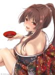  1girl breasts brown_hair cleavage collarbone cup dated drunk flower from_above hair_flower hair_ornament highres holding holding_cup japanese_clothes kantai_collection kimono large_breasts lips long_hair looking_at_viewer nipple_slip nipples off_shoulder open_clothes open_mouth ponytail red_eyes sakazuki sidelocks simple_background solo timato very_long_hair white_background yamato_(kantai_collection) 