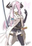  1girl asymmetrical_gloves black_gloves blue_eyes breasts bug butcha-u butterfly coattails demon_horns draph gloves granblue_fantasy hair_over_one_eye highres holding holding_sword holding_weapon horns insect katana large_breasts long_hair narmaya_(granblue_fantasy) no_bra pink_hair pointy_ears scabbard sheath sideboob single_thighhigh sleeveless smile solo standing sword thigh_strap thighhighs weapon 