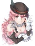  1girl absurdres bare_shoulders blush breasts brown_eyes brown_hair cleavage gloves grey_scarf hat hat_feather heterochromia highres long_hair looking_at_viewer medium_breasts multicolored_hair neo_politan pink_eyes pink_hair rwby scarf smile solo tl white_background white_gloves 
