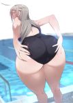  1girl absurdres agovitch ahoge ass ass_focus ass_grab back back_cutout bangs bent_over black_swimsuit blurry blurry_background blush breasts commentary_request competition_swimsuit deep_skin depth_of_field eyebrows_visible_through_hair feet_out_of_frame foreshortening from_behind grabbing_own_ass grey_hair hair_between_eyes half-closed_eyes highres kneepits lane_line long_hair looking_at_viewer looking_back one-piece_swimsuit open_mouth original parted_bangs pink_nails pool pool_ladder poolside profile scowl sideboob sidelocks silver_eyes solo standing swimsuit thick_thighs thighs v-shaped_eyebrows water wet 