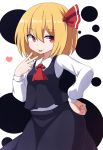  1girl ascot black_skirt black_vest blonde_hair cowboy_shot facing_viewer hair_between_eyes hair_ribbon hand_on_hip heart long_sleeves looking_to_the_side medium_hair red_eyes red_neckwear red_ribbon ribbon rizento rumia shirt simple_background skirt solo tongue tongue_out touhou v vest white_background white_shirt 