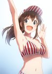  1girl :d amochin arm_up armpits bangs bare_shoulders baseball_cap bikini blue_background blue_eyes blush breasts brown_hair cleavage collarbone eyebrows_visible_through_hair gradient gradient_background hat highres idolmaster idolmaster_million_live! long_hair medium_breasts multicolored multicolored_bikini multicolored_clothes navel open_mouth satake_minako sidelocks smile solo stomach striped striped_headwear swimsuit tareme upper_body vertical-striped_bikini vertical_stripes waving white_background 