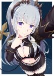  1girl absurdres arm_up bangs between_breasts black_legwear black_shirt black_skirt blush breasts cleavage closed_mouth commentary_request crop_top demon_girl demon_horns demon_tail eyebrows_visible_through_hair frilled_legwear frilled_skirt frills front-tie_top grey_hair hand_up highres honey_strap horns long_hair long_sleeves looking_at_viewer medium_breasts midriff mole mole_under_eye navel necktie necktie_between_breasts pleated_skirt purple_eyes reaching_out self_shot shirt skirt smile solo sougetsu_eli tail temari_rin thighhighs v_over_mouth very_long_hair virtual_youtuber white_neckwear 