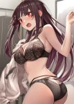  1girl ass bangs bare_shoulders black_bra black_panties blunt_bangs blush bra breasts choker cleavage commentary_request dress_shirt eyebrows_visible_through_hair girls_frontline hair_ribbon highres hyury indoors lace lace_bra lace_panties long_hair one_side_up open_mouth panties purple_hair red_eyes red_ribbon ribbon shirt sidelocks sweatdrop underwear wa2000_(girls_frontline) white_shirt 