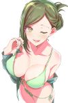  1girl ;d bikini breasts cleavage folded_ponytail green_bikini green_hair highres idolmaster idolmaster_shiny_colors large_breasts nanakusa_hazuki okuzashiki one_eye_closed open_mouth smile swimsuit 