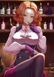  1girl alcohol bar belt biting bottle brown_hair come_hither commentary_request cravat cup drinking_glass glove_biting gloves gun handgun highres ice jack_daniel&#039;s jojobirdz long_sleeves okumura_haru pantyhose persona persona_5 purple_gloves purple_legwear red_eyes removing_glove revolver solo underbust vest weapon 