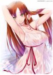  1girl arm_behind_head armpits arms_up bangs bare_shoulders breasts brown_hair choker cleavage closed_mouth code_geass covered_nipples dress english_commentary frilled_straps gainoob green_eyes hair_lift large_breasts long_hair looking_at_viewer no_bra no_panties parted_bangs red_ribbon ribbon see-through shirley_fenette sitting smile tattoo white_dress 