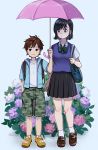  1boy 1girl age_difference backpack bag bangs black_eyes black_hair black_skirt blue_vest bow bowtie brown_footwear brown_hair camouflage camouflage_shorts collared_shirt flower full_body green_neckwear hand_in_pocket height_difference highres holding holding_umbrella hood hood_down hydrangea jacket nashigaya_koyomi open_clothes open_jacket original pink_umbrella pleated_skirt shared_umbrella shirt shoes short_hair short_sleeves shorts shoulder_bag skirt socks standing striped striped_neckwear umbrella vest white_legwear white_shirt yellow_footwear 