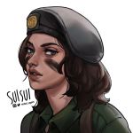  1girl alternate_costume artist_name beret brown_hair facepaint grey_eyes hat highres lips looking_at_viewer military military_uniform mira_(rainbow_six_siege) nose rainbow_six_siege short_hair solo suisui_again twitter_username uniform white_background 