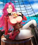  1girl ahoge alcohol beer belt black_footwear blue_eyes boots breasts center_opening cleavage crossed_legs cup day eyebrows_visible_through_hair facial_scar fate/extra fate/grand_order fate_(series) francis_drake_(fate) grin hat highres jacket kirani knee_boots large_breasts long_hair long_sleeves looking_at_viewer mug pants pink_hair pirate_hat red_jacket scar ship sitting smile solo very_long_hair watercraft white_pants 