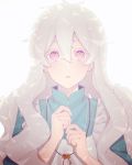  11_10_11 1girl absurdres apron blonde_hair blue_dress blush crying dress earphones hair_between_eyes hands_on_own_chest hands_up highres jewelry kagerou_project key kozakura_marry long_hair looking_at_viewer necklace open_mouth pink_eyes platinum_blonde_hair simple_background solo tears upper_body very_long_hair white_apron 