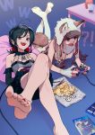  !? 2girls bangs bare_shoulders barefoot black_hair black_nails black_shorts blue_eyes braces braid brown_eyes brown_hair check_character chips commentary_request controller cup earrings fangs feet feet_up fingerless_gloves food foot_out_of_frame game_controller gloves highres jewelry lying multiple_girls nashigaya_koyomi on_back on_stomach open_mouth original pantyhose pointy_ears potato_chips red_nails shorts side_braid smile toenail_polish vampire video_game white_gloves white_legwear wolf_girl 