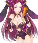  1girl animal_ears black_gloves breasts bunny_ears carrot choker cleavage earrings fake_animal_ears fire_emblem fire_emblem_heroes flower gloves hair_flower hair_ornament hat holding jewelry jurge large_breasts loki_(fire_emblem) long_hair parted_lips purple_eyes purple_hair simple_background solo white_background 