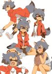  &gt;o&lt; 1girl absurdres animal_ears basketball blue_eyes blue_hair brand_new_animal commentary_request fang furry highres kagemori_michiru raccoon_ears raccoon_girl raccoon_tail red_track_suit short_hair shorts sketch smile tail tanuki tsukiya_(rajx3523) 