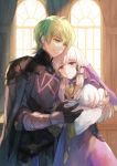  1boy 1girl 1other armor atsumu_ra baby baby_carry black_gloves byleth_(fire_emblem) byleth_(fire_emblem)_(male) cape closed_mouth crying crying_with_eyes_open dress family father_and_child fire_emblem fire_emblem:_three_houses gloves green_eyes green_hair hair_ornament hand_on_another&#039;s_hip holding hug husband_and_wife if_they_mated long_hair long_sleeves lysithea_von_ordelia mother_and_child parted_lips pink_eyes short_hair smile tearing_up tears veil white_hair window 