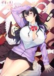  1girl bangs black_hair black_skirt blush breasts bursting_breasts checkered checkered_floor cleavage collared_shirt dress_shirt hair_between_eyes huge_breasts jacket long_hair long_sleeves looking_at_viewer lying mdf_an miniskirt on_back open_clothes open_jacket original purple_eyes purple_jacket red_neckwear shirt skirt solo thighs white_shirt 