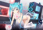  1girl airjun animal_ears bare_arms bare_back bell blue_eyes cat_ears cat_lingerie cat_tail choker electric_guitar guitar hair_ribbon hatsune_miku highres instrument lingerie looking_at_viewer meme_attire open_mouth paws ribbon tail tail_ribbon thighhighs twintails underwear vocaloid 