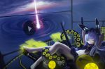  1girl arms_up azur_lane bare_legs barefoot breasts choker closed_eyes dated frilled_choker frills headgear highres lying midriff monitor navel observer_alpha_(azur_lane) ocean on_back play_button recording rigging screen screen_light silver_hair siren_(azur_lane) sleeping small_breasts solo tentacles turret uranophane vortex water 