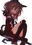  1girl absurdres alternate_costume animal_ears black_legwear blush brown_eyes brown_hair cat_ears cat_tail eyebrows_visible_through_hair hair_between_eyes hair_ornament hairclip highres ikazuchi_(kantai_collection) kaamin_(mariarose753) kantai_collection long_sleeves medium_hair open_mouth simple_background sitting solo tail white_background 