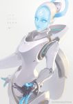  1girl absurdres blue_eyes character_name copyright_name echo_(overwatch) eito_nishikawa facial_mark forehead_mark highres hologram light_smile lips looking_at_viewer mechanical_halo no_nipples outstretched_hand overwatch robot robot_joints signature solo 