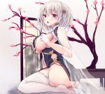  1girl ass azur_lane bangs blush braid breast_curtains breasts cherry_blossoms china_dress chinese_clothes dress flower garter_straps gloves hair_between_eyes hair_ornament highres large_breasts looking_at_viewer red_eyes revealing_clothes short_hair sirius_(azur_lane) sirius_(azure_horizons)_(azur_lane) sitting solo thighhighs white_gloves white_hair white_legwear yu-kinouhasu 