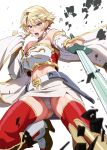 abs absurdres ass_visible_through_thighs bare_shoulders blonde_hair blue_eyes boots braid breastplate cape earrings halterneck highres ishii_takamori jewelry knight looking_at_viewer navel open_mouth original panties pantyshot single_braid sword thighhighs underwear vambraces weapon white_panties 