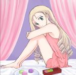  1girl barefoot blonde_hair closed_mouth commentary curtains drill_hair food from_side girls_und_panzer green_eyes leaning_forward leg_hug long_hair looking_at_viewer macaron marie_(girls_und_panzer) mutsu_(layergreen) on_bed pajamas pink_shirt pink_shorts plate shirt short_shorts shorts sitting sleeveless sleeveless_shirt smile solo 