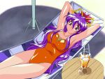  1990s_(style) 1girl armpits arms_behind_head arms_up artist_request beach_chair beach_umbrella breasts dancing_blade day drink drinking_straw glass ice large_breasts long_hair looking_at_viewer lying momohime_(dancing_blade) official_art on_back one-piece_swimsuit orange_swimsuit outdoors purple_eyes purple_hair smile solo swimsuit table umbrella very_long_hair 