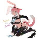  1girl animal_ears black_bow black_footwear black_legwear blue_hair bow braid breasts bunny_ears bunny_tail cat_ears cat_girl cat_tail covered_nipples crystal crystal_exarch english_text eyebrows_visible_through_hair eyes_visible_through_hair facial_mark fake_animal_ears final_fantasy final_fantasy_xiv genderswap genderswap_(mtf) goldfishu hair_between_eyes heart high_heels kneeling large_breasts miqo&#039;te multicolored multicolored_hair multicolored_tail nipples parted_lips pink_hair pink_lips red_eyes see-through short_hair simple_background solo tail white_background 